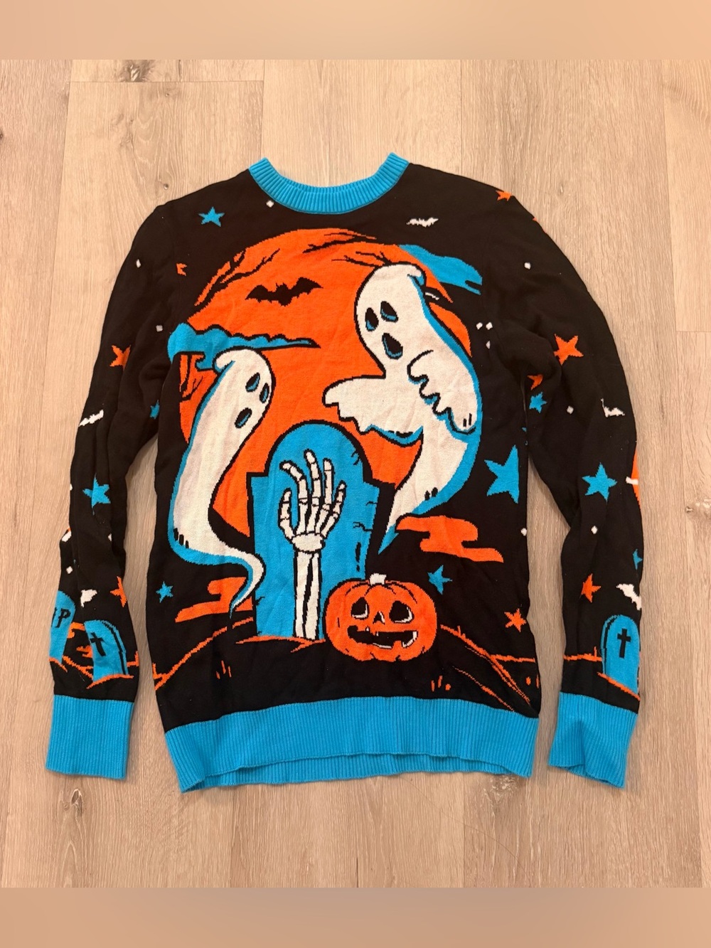 FUN Wear Neon Ghost Halloween Knit Sweater Graveyard Scene Unisex XS
